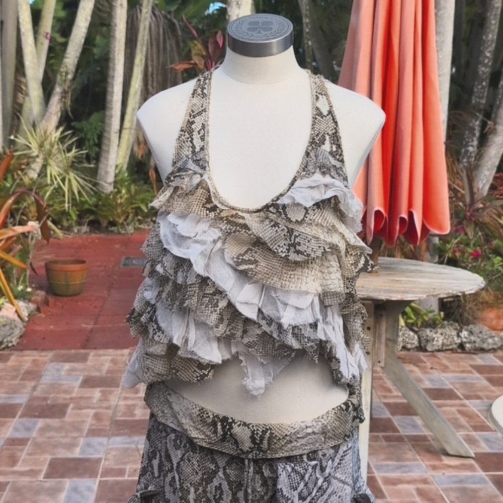 Zara, SET pants and top, viscose, brown animal print, ruffles, size L
